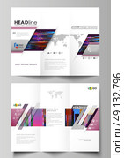 Tri-fold brochure business templates on both sides. Easy editable abstract layout in flat design, vector illustration. Glitched background made of colorful pixel mosaic. Digital decay, signal error, television fail. Trendy glitch backdrop. Стоковая иллюстрация, агентство Ingram Publishing / Фотобанк Лори