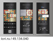 Roll up banner stands, abstract design geometric style templates, corporate vertical vector flyers, flag layouts. Tribal pattern, ornament in ethno syle, ethnic backdrop, vintage fashion background.. Set of roll up banner stands, flat design templates, abstract geometric style, modern business concept, corporate vertical vector flyers, flag layouts. Tribal pattern, geometrical ornament in ethno syle, ethnic hipster backdrop, vintage fashion background. Стоковая иллюстрация, агентство Ingram Publishing / Фотобанк Лори