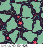 Seamless pattern with underwater ocean animals, cute stingray and starfish, colorful vector illustration. Стоковая иллюстрация, агентство Ingram Publishing / Фотобанк Лори