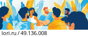 An illustration depicting a group of diverse friends enjoying each others company in a relaxed outdoor setting. They are talking, laughing, and sharing a moment of camaraderie. The scene is filled with bright colors and positive vibes. Стоковое AI-изображение, AI-художник Данила Большаков / Фотобанк Лори