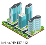 Isometric Modern City Composition. Isometric cityscape composition with modern skyscrapers and green yards on white background vector illustration. Стоковая иллюстрация, агентство Ingram Publishing / Фотобанк Лори