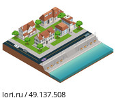 Suburban House Isometric Composition . Isometric composition with suburban houses near embarkment on white background vector illustration. Стоковая иллюстрация, агентство Ingram Publishing / Фотобанк Лори