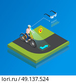 Augmented Reality Navigation Gadget Isometric Poster. Augmented reality navigation system isometric poster with cyclist interacting with smart glasses computing landscape vision vector illustration . Стоковая иллюстрация, агентство Ingram Publishing / Фотобанк Лори