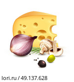 Cheese Onion Olives Realistic Background Poster. Chunk of cheese with red onion champignons rosemary and olives realistic mediterranean culinary background poster vector illustration . Стоковая иллюстрация, агентство Ingram Publishing / Фотобанк Лори