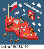 Chech Republic Touristic Attractions Isometric Map. Czech republic isometric map for travelers with typical national food beer and astronomical clock tower vector illustration . Стоковая иллюстрация, агентство Ingram Publishing / Фотобанк Лори