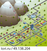 Village Facilities Isometric Layout poster. Sport village buildings and accommodations for participating in games athletes isometric layout birds eye view poster vector illustration. Стоковая иллюстрация, агентство Ingram Publishing / Фотобанк Лори