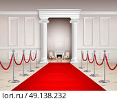 Red Carpet Interior. Victorian style hall with red carpet silvery barriers armchairs and fireplace realistic vector illustration. Стоковая иллюстрация, агентство Ingram Publishing / Фотобанк Лори