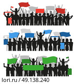 Protesting People Crowd Banners. Three horizontal flat banners with crowds of monochrome protesting people silhouettes holding colorful flags isolated vector illustration. Стоковая иллюстрация, агентство Ingram Publishing / Фотобанк Лори