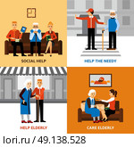 Volunteers People 2x2 Design Concept . Volunteers 2x2 design concept with young people helping elderly needy in medical and social care flat vector illustration. Стоковая иллюстрация, агентство Ingram Publishing / Фотобанк Лори