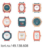 Different Types Watches Flat Icons Collection. Different men and women watches icons collection with digital quartz sport and fashion types flat isolated vector illustration. Стоковая иллюстрация, агентство Ingram Publishing / Фотобанк Лори