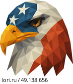 A bold low-poly eagle head in US flag hues, radiating patriotic valor. Perfect for military insignia, sports logos, inspirational posters, and desktop wallpapers. Стоковая иллюстрация, иллюстратор Владислав Войтов / Фотобанк Лори