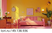 Bright living room featuring yellow walls and pink furniture. Стоковое AI-изображение, AI-художник Данила Большаков / Фотобанк Лори