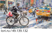 A cyclist rides through a crowded city intersection covered in snow, surrounded by taxis and pedestrians, capturing the hustle and bustle of an urban winter day. Стоковое AI-изображение, AI-художник Данила Большаков / Фотобанк Лори