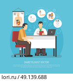 Diabetes Treatment Vector Illustration. Diabetes treatment vector illustration with patient in doctors office on reception at endocrinologist flat vector illustration  . Стоковая иллюстрация, агентство Ingram Publishing / Фотобанк Лори