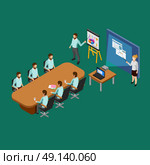 Isometric Presentation Room Concept. Isometric presentation room concept with clerks listening to reports vector illustration. Стоковая иллюстрация, агентство Ingram Publishing / Фотобанк Лори