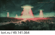 Four unidentified flying objects hover in the night sky, emitting red beams of light across a barren desert landscape, creating an eerie and mysterious scene. Стоковое AI-изображение, AI-художник Данила Большаков / Фотобанк Лори