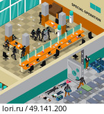Swat Special Forces Isometric Composition Poster. Swat special weapon and tactics law enforcing unit training isometric composition poster with target shooting vector illustration . Стоковая иллюстрация, агентство Ingram Publishing / Фотобанк Лори