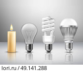 Light Evolution Concept. Realistic light evolution concept from candle to modern led bulb on glassy surface isolated vector illustration. Стоковая иллюстрация, агентство Ingram Publishing / Фотобанк Лори