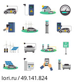 Electric Car Charging Flat Icons Set. Electric car charging public network service stations and individual recharging points flat icons collection isolated vector illustration . Стоковая иллюстрация, агентство Ingram Publishing / Фотобанк Лори