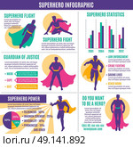 Superhero Infographics Layout . Superhero infographics layout with avatars in costumes text information graphs statistic and diagrams flat vector illustration . Стоковая иллюстрация, агентство Ingram Publishing / Фотобанк Лори