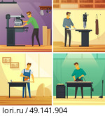 Woodworking Services 4 Flat Icons Square . Woodworking carpentry services 4 flat icons composition poster with cutting grinding and polishing work isolated vector illustration . Стоковая иллюстрация, агентство Ingram Publishing / Фотобанк Лори