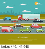 Speed Highway Illustration. Speed highway design concept with view side of different types of passenger cars and trucks flat vector illustration . Стоковая иллюстрация, агентство Ingram Publishing / Фотобанк Лори
