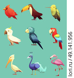 Exotic Tropical Birds Retro Icons Set. Exotic tropical paradise island birds retro cartoon style icons collection with toucan and cockatoo parrot isolate vector illustration . Стоковая иллюстрация, агентство Ingram Publishing / Фотобанк Лори