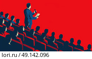 A man in a suit stands on stage with a microphone and notes, addressing a seated audience in a red auditorium. Стоковое AI-изображение, AI-художник Данила Большаков / Фотобанк Лори