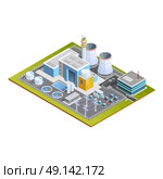 Isometric Image Of Nuclear Station. Isometric image of one block nuclear station with production centre conversion block  transformers pipes and office vector illustration. Стоковая иллюстрация, агентство Ingram Publishing / Фотобанк Лори