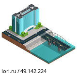 Modern City Isometric Composition. Isometric city composition with many-storeyed modern building on bank of canal on white background vector illustration. Стоковая иллюстрация, агентство Ingram Publishing / Фотобанк Лори