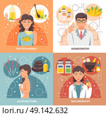 Alternative Medicine 2x2 Design Concept . Alternative medicine 2x2 concept set of homeopathy phytotherapy naturopathy acupuncture  flat design compositions vector illustration. Стоковая иллюстрация, агентство Ingram Publishing / Фотобанк Лори