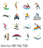 Extreme Sport Activities Flat Icons Collection . Extreme sport activities flat icons collection with whitewater canoeing skydiving and free stile motocross isolated vector illustrations . Стоковая иллюстрация, агентство Ingram Publishing / Фотобанк Лори