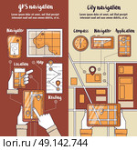 Navigation Vertical Banners. City navigation flat vertical banners with routing maps on screen of gadgets in people hands vector illustration. Стоковая иллюстрация, агентство Ingram Publishing / Фотобанк Лори