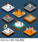 Martial Arts Isometric People Composition. People fighters and martial arts tournaments on various rings and dojo isometric composition isolated on blue background vector illustration. Стоковая иллюстрация, агентство Ingram Publishing / Фотобанк Лори