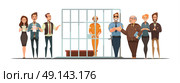 Law Justice Sentence  Retro Cartoon POster. Law and justice retro cartoon poster with sentence announcement and convict behind bars white background vector illustration . Стоковая иллюстрация, агентство Ingram Publishing / Фотобанк Лори