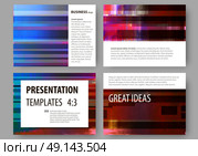 Business templates for presentation slides. Abstract layouts in vector design. Glitched background made of colorful pixel mosaic. Digital decay, signal error, television fail. Trendy glitch backdrop.. Set of business templates for presentation slides. Easy editable abstract layouts in flat design, vector illustration. Glitched background made of colorful pixel mosaic. Digital decay, signal error, television fail. Trendy glitch backdrop. Стоковая иллюстрация, агентство Ingram Publishing / Фотобанк Лори