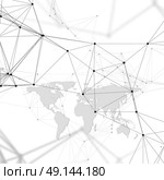 Abstract futuristic background with connecting lines and dots, polygonal linear texture. World map on white. Global network connections, geometric design, technology digital concept.. Abstract futuristic background with connecting lines and dots, polygonal linear texture. World map on white. Global network connections, geometric design, technology digital concept. Стоковая иллюстрация, агентство Ingram Publishing / Фотобанк Лори