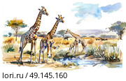 A group of giraffes are standing tall in a grassy field, showcasing their long necks and spots. Стоковое AI-изображение, AI-художник Данила Большаков / Фотобанк Лори