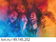 A group of individuals sharing a moment of laughter together in a room enveloped in smoke. Стоковое AI-изображение, AI-художник Данила Большаков / Фотобанк Лори