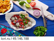 Ceviche Mexican food style recipe with nachos and ingredients. Стоковое фото, агентство Ingram Publishing / Фотобанк Лори
