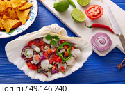 Ceviche Mexican food style recipe with nachos and ingredients. Стоковое фото, агентство Ingram Publishing / Фотобанк Лори