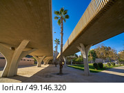 Valencia Pont de fusta bridge de Madera low angle view in Turia gardens park. Стоковое фото, агентство Ingram Publishing / Фотобанк Лори