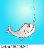 Piranha fish and worm on hook in a blue water. Hand drawn vector illustration. Стоковая иллюстрация, агентство Ingram Publishing / Фотобанк Лори