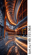 Explore a futuristic hallway, featuring vibrant neon lighting and highly reflective surfaces that enthrall. Стоковое AI-изображение, AI-художник Anastasy Yarmolovich / Фотобанк Лори