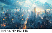 high-tech city where buildings are made of digital clouds, data streams connecting everything, Стоковое AI-изображение, AI-художник Anastasy Yarmolovich / Фотобанк Лори