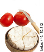 camembert cheese with tomatos and knife isolated . Стоковое фото, агентство Ingram Publishing / Фотобанк Лори