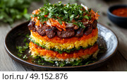 A vibrant and multilayered rice dish accompanied by succulent grilled meat and an assortment of fresh herbs. Стоковое AI-изображение, AI-художник Anastasy Yarmolovich / Фотобанк Лори