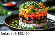 A vibrant and multilayered rice dish accompanied by succulent grilled meat and an assortment of fresh herbs. Стоковое AI-изображение, AI-художник Anastasy Yarmolovich / Фотобанк Лори