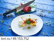 Steak Tartare with mustard ice-cream and airbag starter Tartar recipe. Стоковое фото, агентство Ingram Publishing / Фотобанк Лори