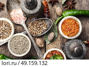 choice Indian spice. set of aromatic Indian spices and condiments on wooden retro background. Стоковое фото, агентство Ingram Publishing / Фотобанк Лори